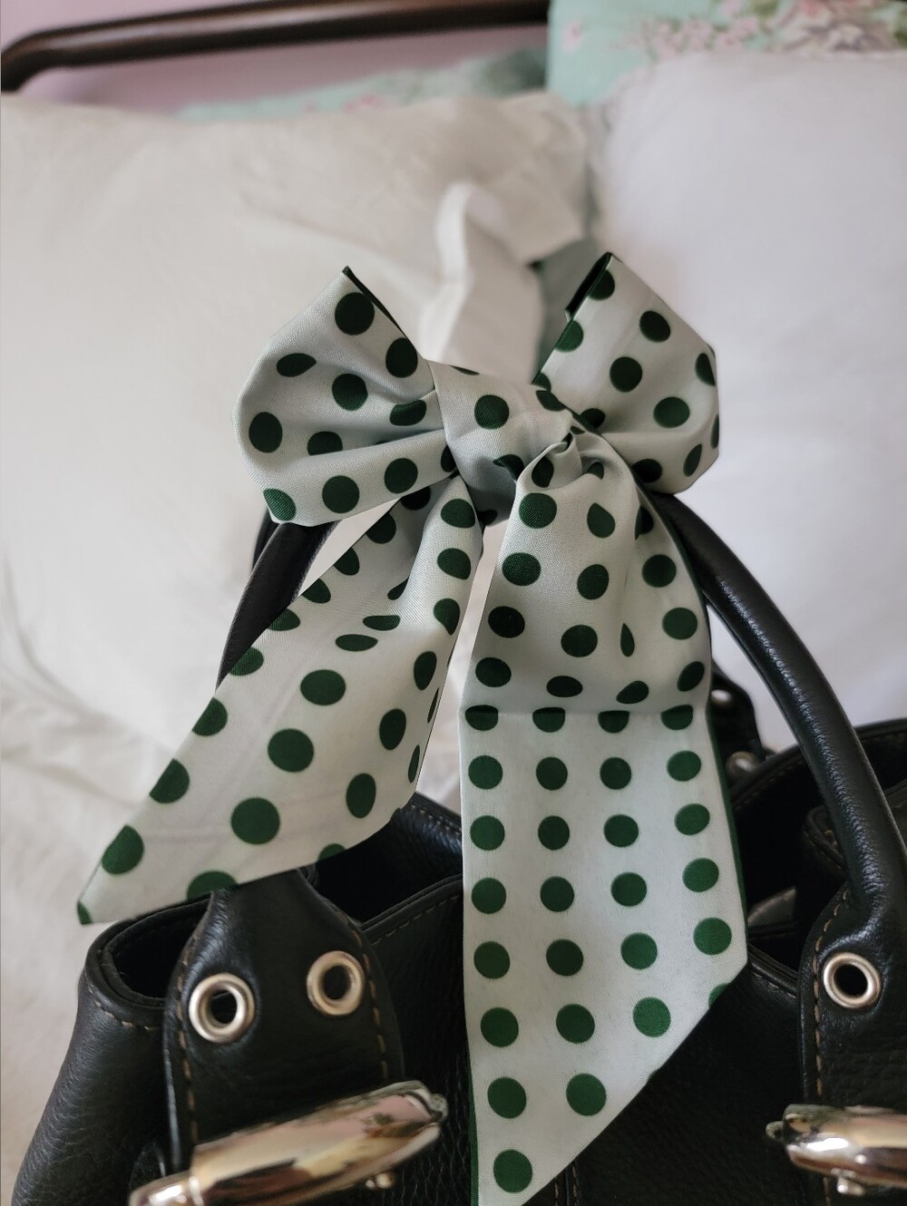 Green Polka Dot Bow Scarf Hair Tie